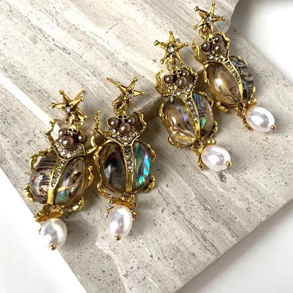 NEW~ Anthropologie Abalone Shell & Pearl Bug Earrings - Picture 5 of 9